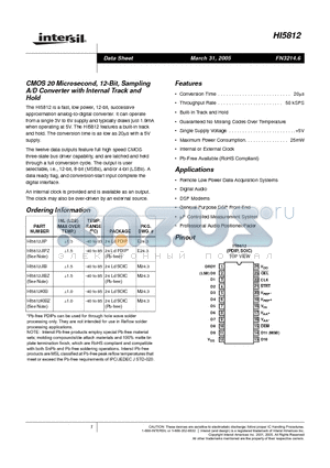 HI5812JIB datasheet - CMOS 20 Microsecond, 12-Bit, Sampling A/D Converter with Internal Track and Hold