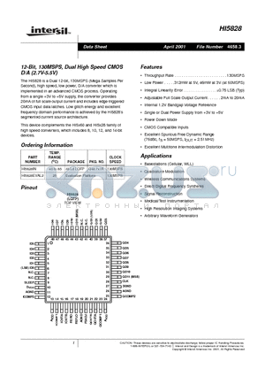 HI5828 datasheet - 12-Bit, 125MSPS, CommLink Dual High Speed CMOS D/A (2.7V-5.5V)