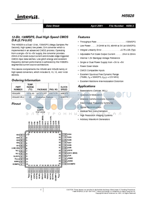 HI5828IN datasheet - 12-Bit, 125MSPS, CommLink Dual High Speed CMOS D/A (2.7V-5.5V)