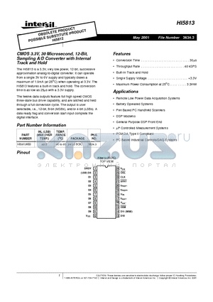 HI5813 datasheet - CMOS 3.3V, 25 Microsecond, 12-Bit, Sampling A/D Converter with Internal Track and Hold