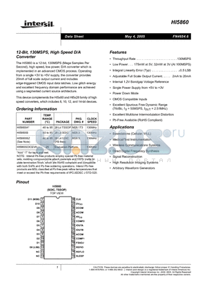 HI5860IA datasheet - 12-Bit, 130MSPS, High Speed D/A Converter