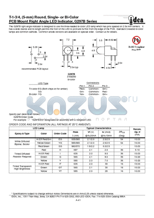 G297B datasheet - T-1-3/4, (5-mm) Round, Single- or Bi-Color PCB Mount Right Angle LED Indicator