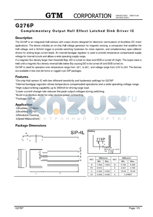 G276P datasheet - Complementary Output Hall Effect Latched Sink Driver IC