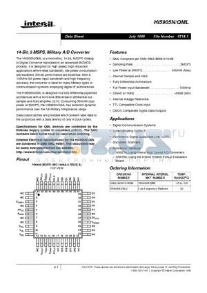 HI5905EVAL2 datasheet - 14-Bit, 5 MSPS, Military A/D Converter