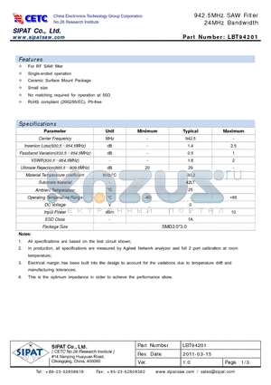 I42A datasheet - 942.5MHz SAW Filter 24MHz Bandwidth