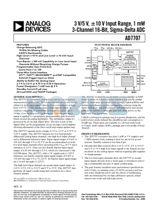 AD7707BRU datasheet - 3 V/5 V, -10 V Input Range, 1 mW 3-Channel 16-Bit, Sigma-Delta ADC