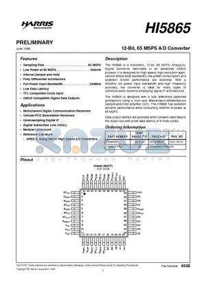 HI5865IN datasheet - 12-Bit, 65 MSPS A/D Converter