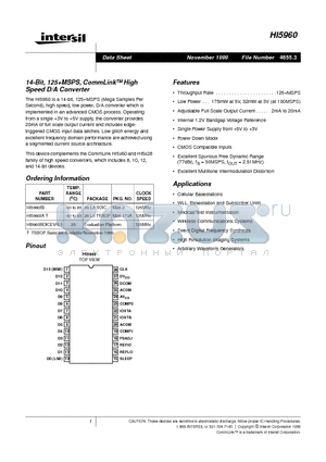 HI5960 datasheet - 14-Bit, 125MSPS, CommLinkTM High Speed D/A Converter