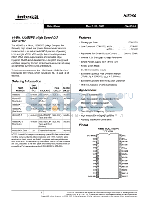 HI5960 datasheet - 14-Bit, 125MSPS, CommLinkTM High Speed D/A Converter