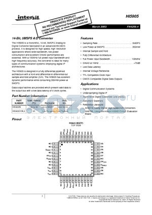 HI5905 datasheet - 14-Bit, 5MSPS A/D Converter