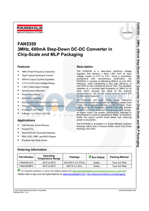 FAN5350MPX datasheet - 3MHz, 600mA Step-Down DC-DC Converter in Chip-Scale and MLP Packaging
