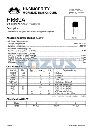 HI669A datasheet - NPN EPITAXIAL PLANAR TRANSISTOR