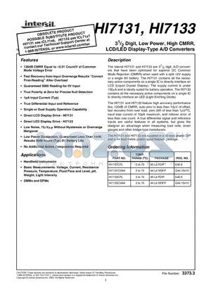 HI7131 datasheet - 3 1/2 Digit, Low Power, High CMRR, LCD/LED Display-Type A/D Converters