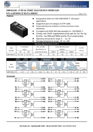 G2P109NLF datasheet - 1000 BASE -T DUAL PORT MAGNETICS MODULES