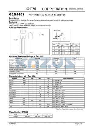 G2N5401 datasheet - PNP EPITAXIAL PLANAR TRANSISTOR