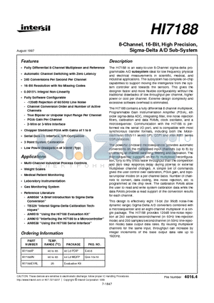 HI7188IP datasheet - 8-Channel, 16-Bit, High Precision, Sigma-Delta A/D Sub-System