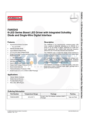 FAN5343UMPX datasheet - 6-LED Series Boost LED Driver with Integrated Schottky Diode and Single-Wire Digital Interface