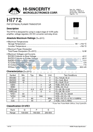 HI772 datasheet - PNP EPITAXIAL PLANAR TRANSISTOR