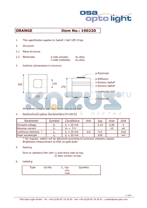 190220 datasheet - GaAsP / GaP LED Chips