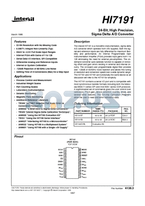 HI7191IB datasheet - 24-Bit, High Precision, Sigma Delta A/D Converter