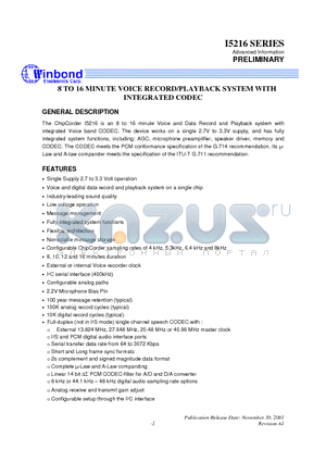 I5216SI datasheet - 8 TO 16 MINUTE VOICE RECORD/PLAYBACK SYSTEM WITH INTEGRATED CODEC