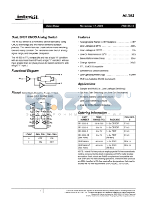 HI9P0303-9 datasheet - Dual, SPDT CMOS Analog Switch