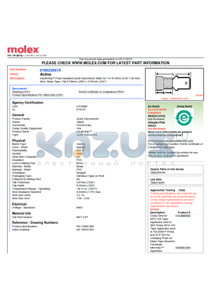 190230014 datasheet - InsulKrimp Fully Insulated Quick Disconnect, Male, for 14-16 AWG (2.00-1.30 mm)Wire, Mylar Tape, Tab 6.35mm (.250