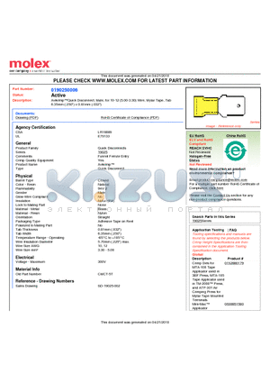 190250006 datasheet - AvikrimpQuick Disconnect, Male, for 10-12 (5.00-3.30) Wire, Mylar Tape, Tab6.35mm (.250