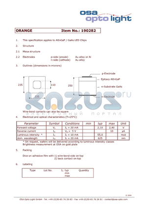 190282 datasheet - AlInGaP / GaAs LED Chips