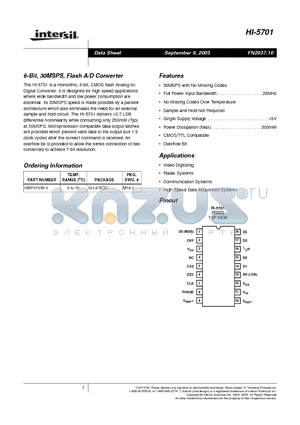 HI9P5701K-5 datasheet - 6-Bit, 30MSPS, Flash A/D Converter