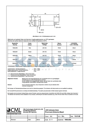 1902X35X datasheet - LED Indicator 6mm Prominent(Exterior) bezel