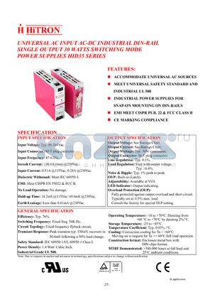 HID35-S480008 datasheet - UNIVERSAL AC INPUT AC-DC INDUSTRIAL DIN-RAIL SINGLE OUTPUT 30 WATTS SWITCHING MODE POWER SUPPLIES