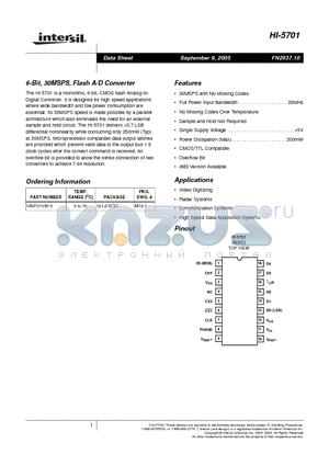 HI9P5701-5 datasheet - 6-Bit, 30MSPS, Flash A/D Converter