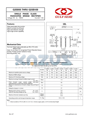 G2SB10 datasheet - SINGLE PHASE GLASS PASSIVATED BRIDGE RECTIFIER Voltage: 50 to 1000V Current: 1.5A