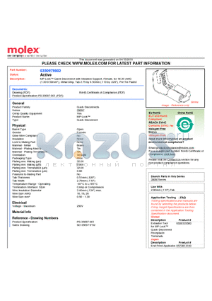 35097-9802 datasheet - MP-Lock Quick Disconnect with Vibration Support, Female, for 16-20 AWG(1.30-0.50mmb;), Metal Strip, Tab 2.79 by 0.50mm (.110 by .020