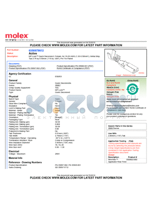 35097-9812 datasheet - MP-Lock Quick Disconnect, Female, for 16-20 AWG (1.30-0.50mmb;), Metal StripTab 2.79 by 0.50mm (.110 by .020