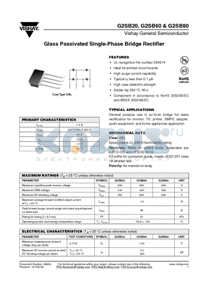 G2SB20 datasheet - Glass Passivated Single-Phase Bridge Rectifier