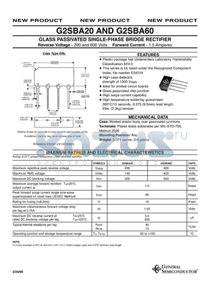 G2SBA20 datasheet - GLASS PASSIVATED SINGLE-PHASE BRIDGE RECTIFIER