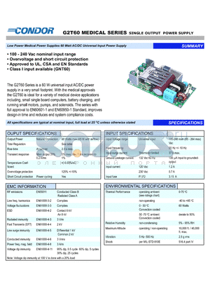 G2T60-15 datasheet - The G2T60 Series is a 60 W universal input AC/DC power supply in a very small footprint.