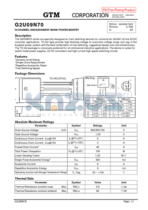 G2U09N70 datasheet - N-CHANNEL ENHANCEMENT MODE POWER MOSFET