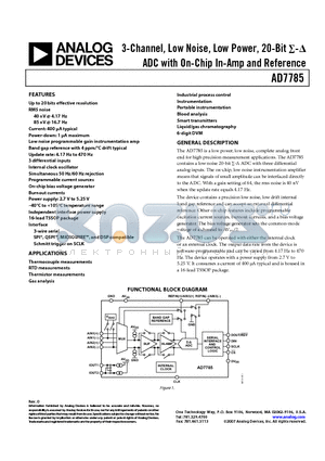 AD7785 datasheet - 3-Channel, Low Noise, Low Power, 20-Bit -D ADC with On-Chip In-Amp and Reference