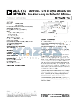 AD7792 datasheet - Low Power, 16/24-Bit Sigma-Delta ADC with Low-Noise In-Amp and Embedded Reference