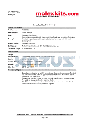 19044-0152 datasheet - Assorted Non-Insulated Quick Disconnect, Ring, Spade and Butt Splice Solderless Terminals