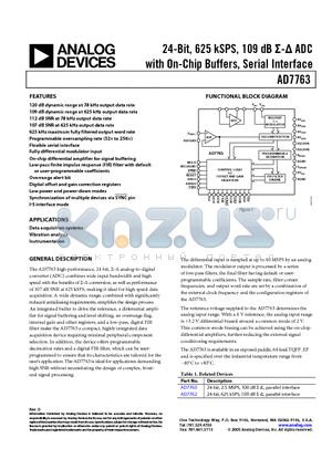 AD7763BSVZ datasheet - 24-Bit, 625 kSPS, 109 dB S-D ADC with On-Chip Buffers, Serial Interface