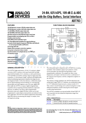 AD7763BSVZ-REEL datasheet - 24-Bit, 625 kSPS, 109 dB S-D ADC with On-Chip Buffers, Serial Interface