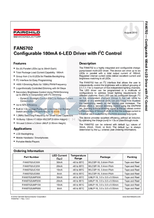 FAN5702UC15X datasheet - Configurable 180mA 6-LED Driver with I2C Control