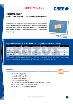 CGH27060F datasheet - 60 W, 2300-2900 MHz, 28V, GaN HEMT for WiMAX