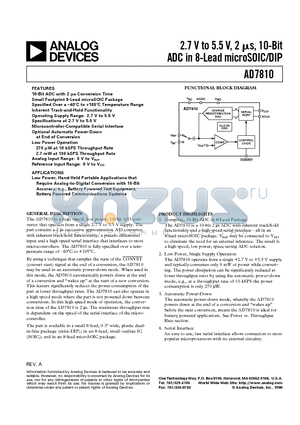 AD7810 datasheet - 2.7 V to 5.5 V, 2 us, 10-Bit ADC in 8-Lead microSOIC/DIP