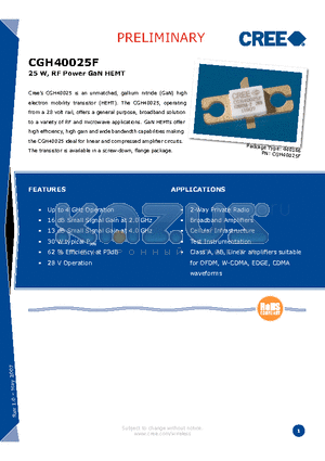 CGH40025F datasheet - 25 W, RF Power GaN HEMT