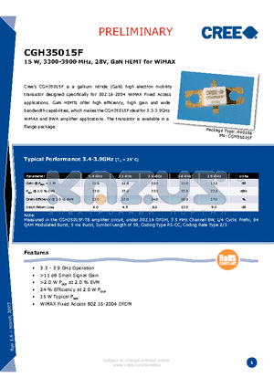 CGH35015F datasheet - 15 W, 3300-3900 MHz, 28V, GaN HEMT for WiMAX